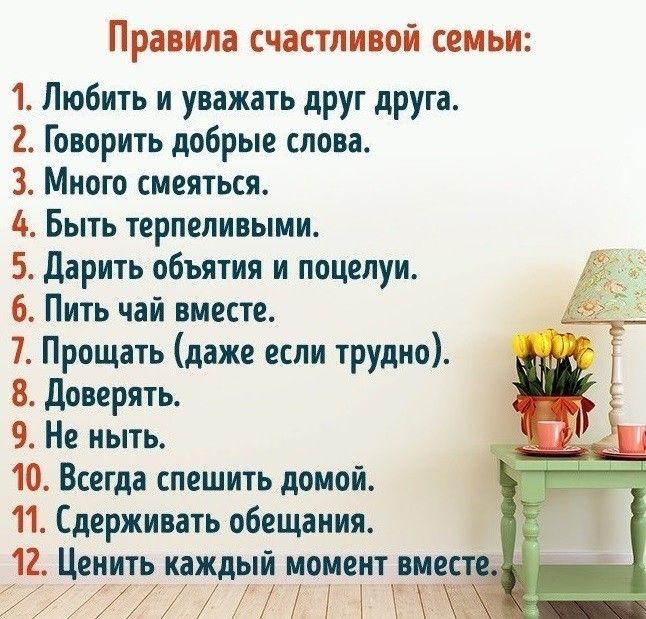 Правила СЧВСТЛИВОЙ семьи 1 Любить и уважать друг друга Говорить добрые слова 3 Мною смеяться Быть терпеливыми 5 Дарить объятия и поцелуи 6 Пить чаи вместе 7 Прощать даже если трудно 8 доверять 9 Не ныть 10 Всегда спешить домой 11 Сдерживать обещания 12 Ценить каждый момент вмес 7715