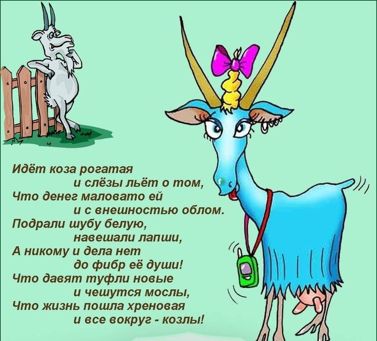 Идёт коза рогатая и слёзы льёт о том Что денег маловато ей и с внешностью облом Подрали шубу белую навешали лапши А никому и дела нет до фибр её души Что давят туфли новые и чешутся мослы Что жизнь пошла хреновая и все вокруг козлы