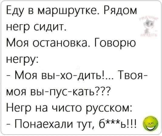 Еду в маршрутке Рядом негр сидит Моя остановка Говорю негру Моя выходить Твоя моя выпускать Негр на чисто русском Понаехали тут бь О