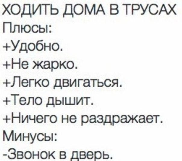 ХОДИТЬ ДОМА В ТРУСАХ Плюсы Удобно Не жарко Легко двигаться Тело дышит Ничего не раздражает Минусы Звонок в дверь