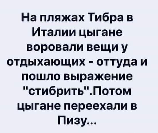 На пляжах Тибра в Италии цыгане воровали вещи у отдыхающих оттуда и пошло выражение стибритьПотом цыгане переехали в Пизу