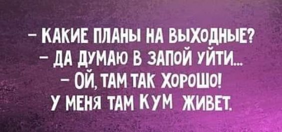 КАКИЕ ПЛАНЫ НА ВЫХОДНЫЕ дА Л_УМАЮ В ЗАПОЙ УЙТИ ОЙ ТАМ ТАК Х0Р0Ш9ъ__ У МЕНЯ ТАМ КУЩЖИВ