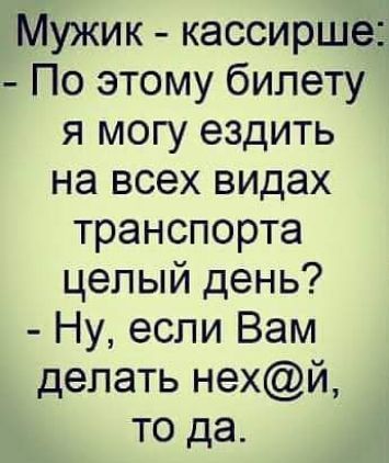 Мужик кассирше По этому билету я могу ездить на всех видах транспорта целый день Ну если Вам делать нехй то да