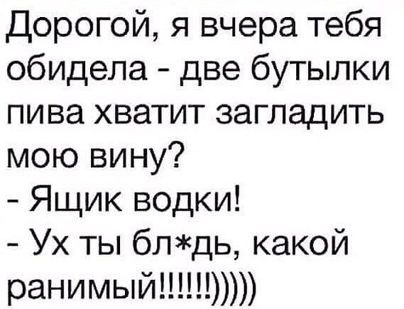 Дорогой я вчера тебя обидела две бутылки пива хватит загладить мою вину Ящик водки Ух ты блдь какой ранимый