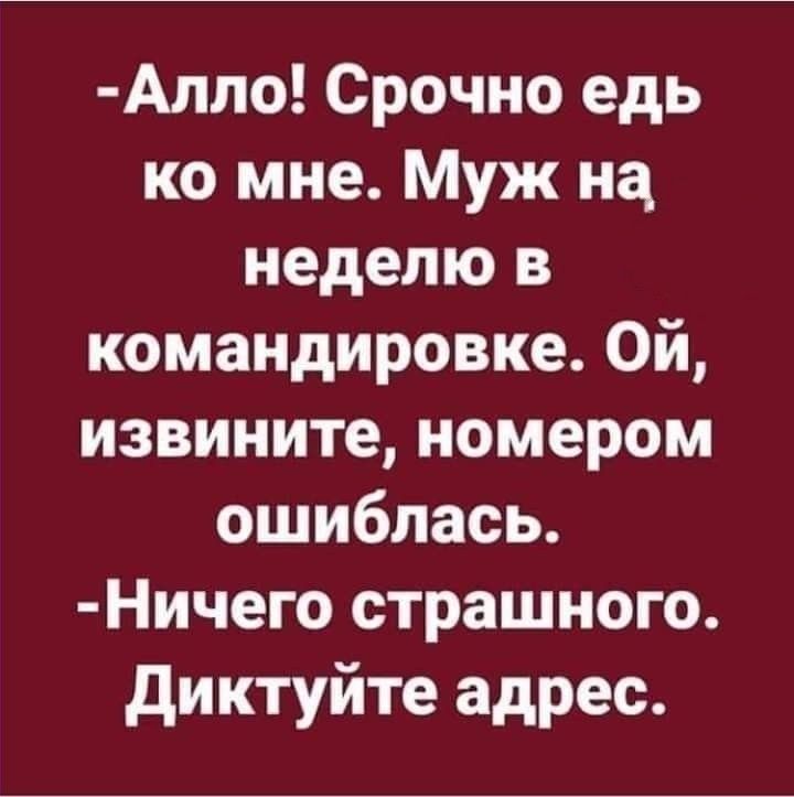 Алло Срочно едь ко мне Муж на неделю в командировке Ой извините номером ошиблась Ничего страшного диктуйте адрес