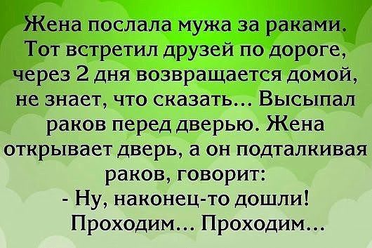 Через 2 ДНЯ ВОЗВРЗЩдеТСЯ ДОМОЙ не знает что сказать Высыпал раков перед дверью Жена открывает дверь а он подталкивая раков говорит Ну наконец то дошли Проходим Проходим