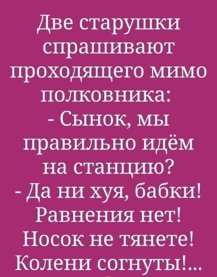 Две старушки спрашивают проходящего мимо полковника Сынок мы правильно идём на станцию Да ни хуя бабки Равнения нет Носок не тянете Колени согнуты