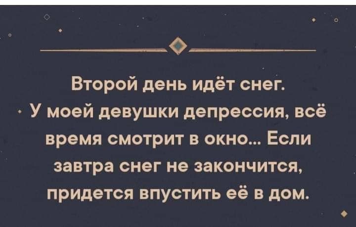 0 Второй день идёт снег У моей девушки депрессия всё время смотрит в окно Если завтра снег не закончится придется впустить её в дом