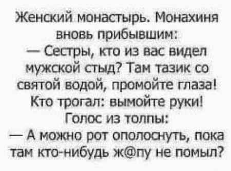 Женский монастырь Монахиня вновь прибывшим Сестры кто из вас видел мужосой стыд Таи тазик со святой водой промойте глаза Кто трогал вымойте рукиі Голос из толпы А можно рот опопошутъ пока там кто нибудь жпу не помыл