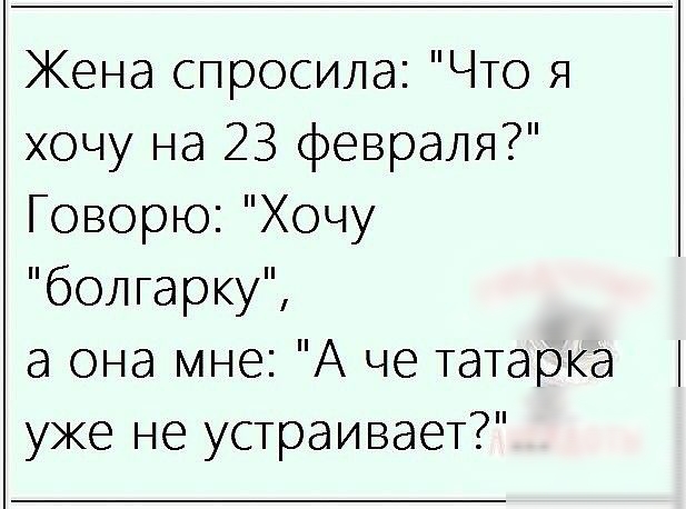 Жена спросила Что я хочу на 23 февраля Говорю Хочу болгарку а она мне А че татарка уже не устраивает