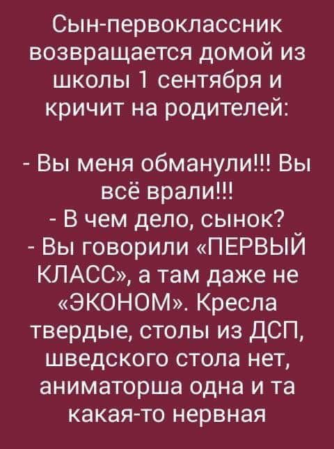 Сын первоклассник возвращается домой из школы 1 сентября и кричит на родителей Вы меня обманули Вы всё врали В чем дело сынок Вы говорили ПЕРВЫЙ КЛАСС а там даже не ЭКОНОМ Кресла твердые столы из ДСП шведского стола нет аниматорша одна и та какая то нервная