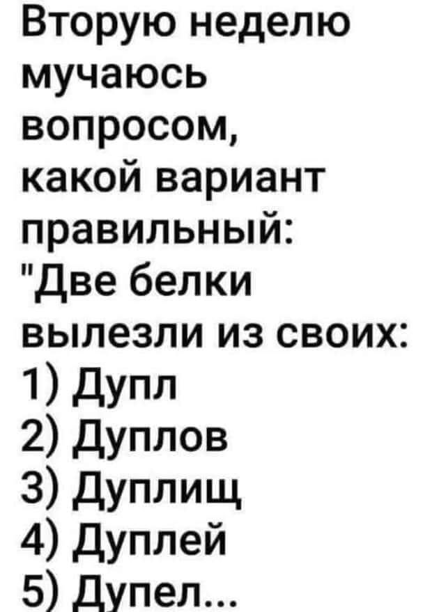 Вторую неделю мучаюсь вопросом какой вариант правильный две белки вылезли из своих 1 дУПЛ 2 Дуплов 3 дУПЛИЩ 4 Дуплей 5 Дупел