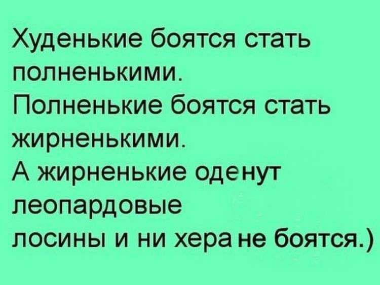 Худенькие боятся стать полненькими Полненькие боятся стать жирненькими А жирненькие оденут леопардовые лосины и ни хера не боятся