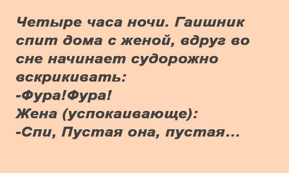 Четыре часа ночи Гаишник спит дома с женой вдруг во сне начинает судорожно вскрикивать ФураФура Жена успокаивающе Спи Пустая она пустая