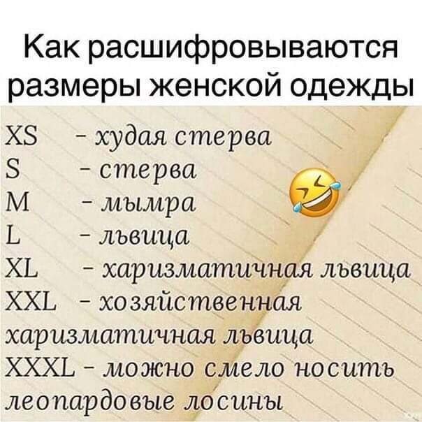 Как расшифровываются размеры женской одежды ХЗ худая стерва стерва М мымра Ь львица ХЬ харизматиЧцря львица ХХЬ хо зяйственудя харизматичная лрвица ХХХЬ можно слівю носить леопардовые досины