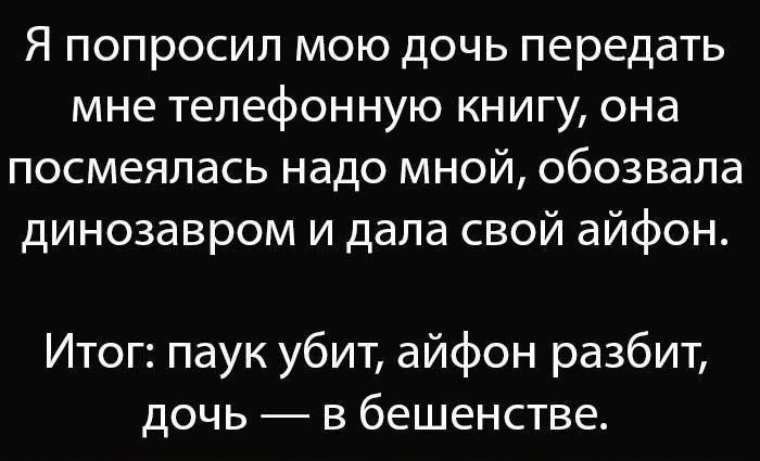 Я попросил мою дочь передать мне телефонную книгу она посмеялась надо мной обозвала динозавром и дала свой айфон Итог паук убит айфон разбит дочь в бешенстве