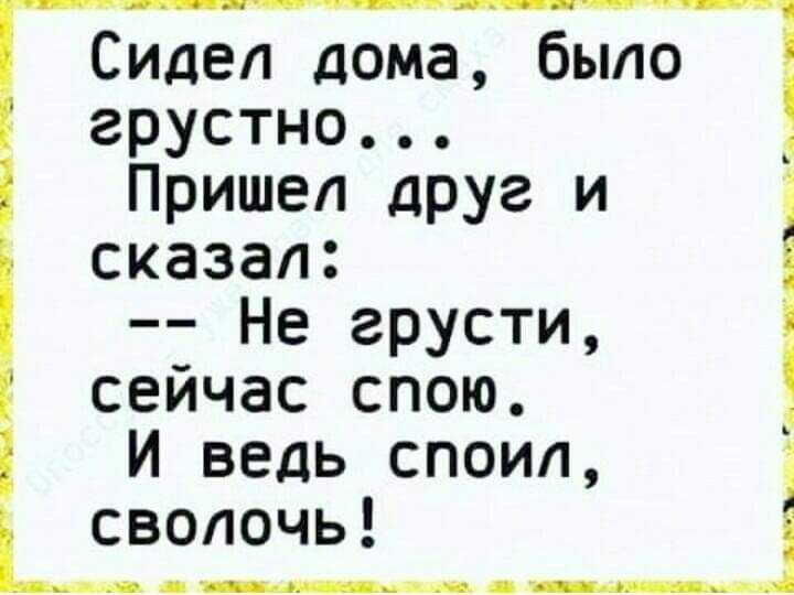 Сидел дома было грустно Пришел друг и сказал Не грусти сейчас спою И ведь споип с сволочь і