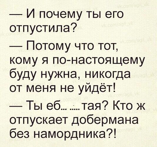 И почему ты его отпустила Потому что тот кому я понастоящему буду нужна никогда от меня не уйдёт Ты еб тая Кто ж отпускает добермана без намордника