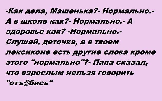 Как дела Машенька Нормально А в школе как Нормально А здоровье как Нормяльно Слушай деточка а в твоем лексиконе есть другие слова кроме этого нормально7 Папа сказал что взрослым нельзя говорить о тьбись