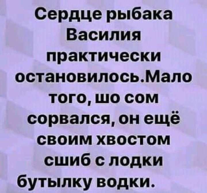 Сердце рыбака Василия практически остановилосьМало того шо сом сорвался он ещё своим хвостом сшиб с лодки бутылку водки