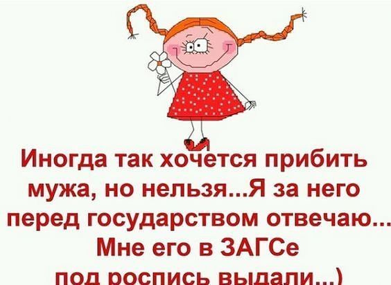 Иногда так хочется прибить мужа но нельзяЯ за него перед государством отвечаю Мне его в ЗАГСе под роспись выдали