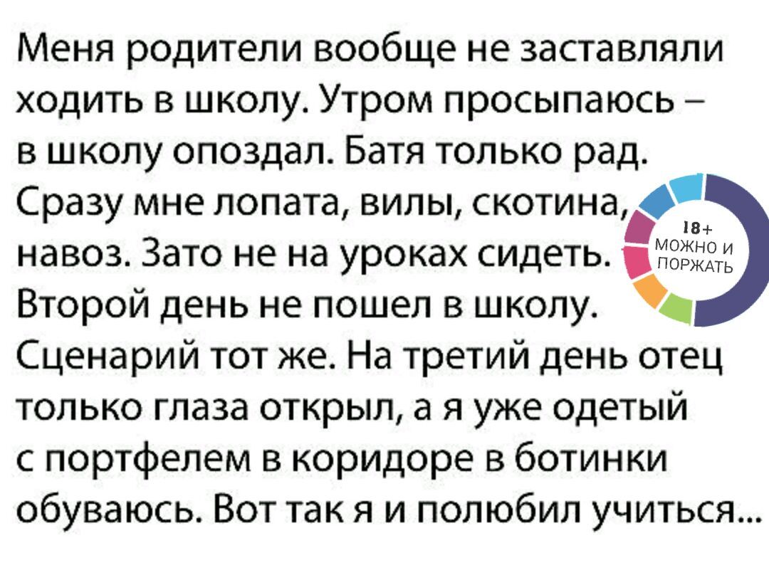 Меня родители вообще не заставляли ходить в школу Утром просыпаюсь в школу опоздал Батя только рад Сразу мне лопата вилы скотина О навоз Зато не на уроках сидеть ДЗЁЖ Второй день не пошел в школу Сценарий тот же На третий день отец только глаза открыл а я уже одетый с портфелем в коридоре в ботинки обуваюсь Вот так я и полюбил учиться