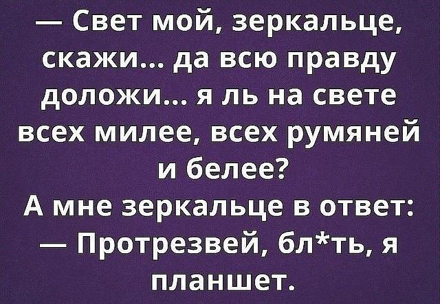 Свет мой зеркальце скажи да всю правду доложи я ль на свете всех милее всех румяней и белее А мне зеркальце в ответ Протрезвей блть я планшет