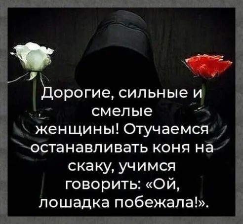 дорогие сильные и _ смелые женщины0тучаемся останавливать коня на скакуучимся говорить Ой лошадка побежала