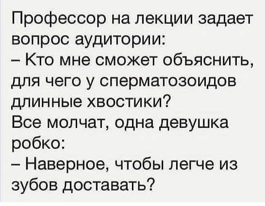Профессор на лекции задает вопрос аудитории Кто мне сможет объяснить для чего у сперматозоидов длинные хвостики Все молчат одна девушка робко Наверное чтобы легче из зубов доставать