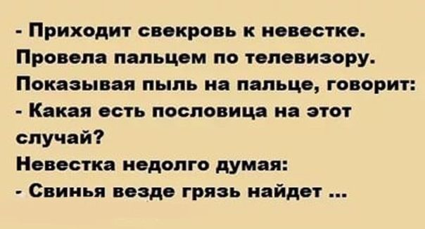 Приходит свекровь к повестке Провела пальцем по телевизору Показывая пыль на пальце говорит Какая есть пословица на этот случай Невестка недолго думая Свинья везде грязь найдет
