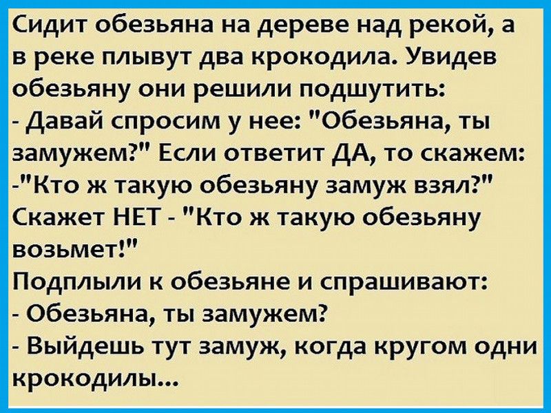 Сидит обезьяна на дереве над рекой а в реке плывут два крокодила Увидев обезьяну они решили подшутить Давай спросим у нее Обезьяна ты замужем Если ответит ДА то скажем Кто ж такую обезьяну замуж взял Скажет НЕТ Кто ж такую обезьяну возьмет Подплыли к обезьяне и спрашивают Обезьяна ты замужем Выйдешь тут замуж когда кругом одни крокодилы