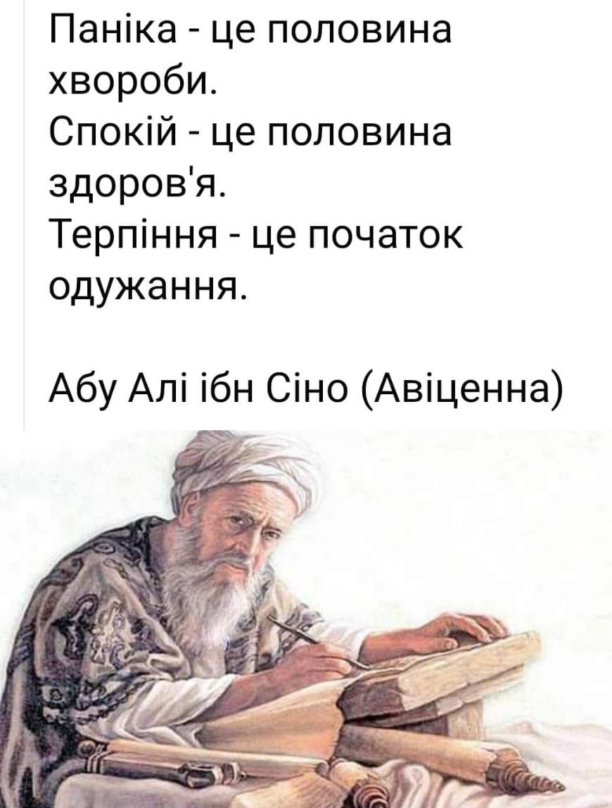 Паніка це половина хвороби Спокій це половина здоровя Терпіння це початок одужання Абу Алі ібн Сіно Авіценна