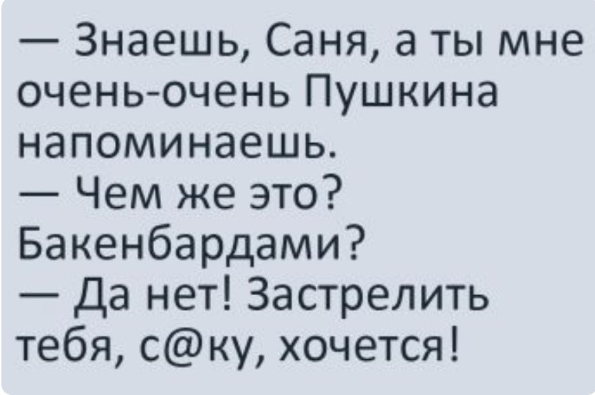 Знаешь Саня а ты мне оченьочень Пушкина напоминаешь Чем же это Бакенбардами Да нет Застрелить тебя ску хочется