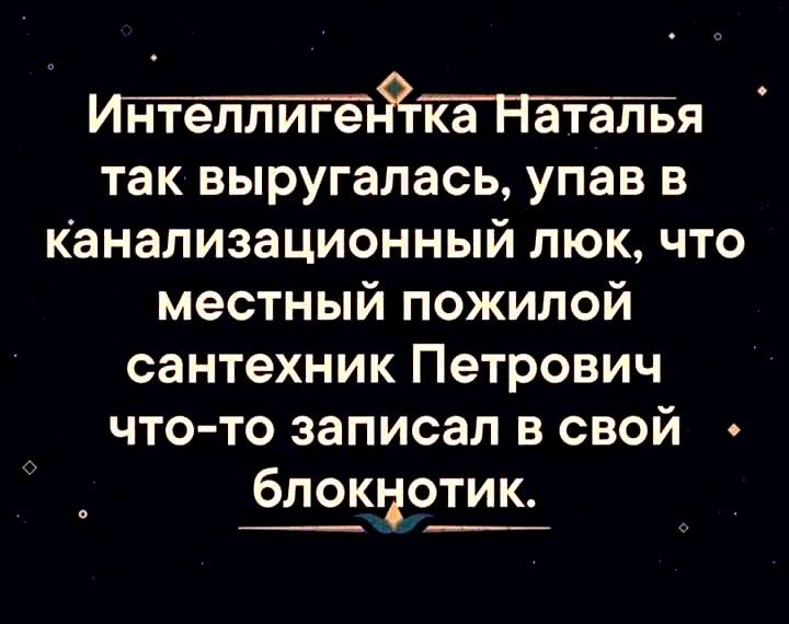 пгя так выругалась упав в Канализационный люк что местный пожилой сантехник Петрович что то записал в свой блокнотик