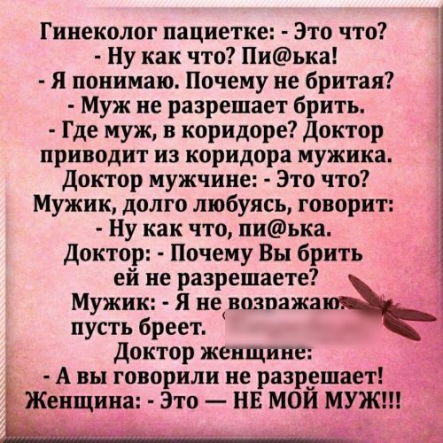 Гинеколог пациетке Это что Ну как что Пиька Я понимаю Почему не бритая Муж не разрешает брить Где муж в коридоре Доктор приводит из коридора мужика доктор мужчине Это что Мужик долго любуясь говорит Ну как что пиька Доктор Почему Вы брить ей не разрешаете Мужик Я не возоажа пусть бреет доктор женщине А вы говорили не разрешает Женщи Зто НЕ МОЙ МУЖ