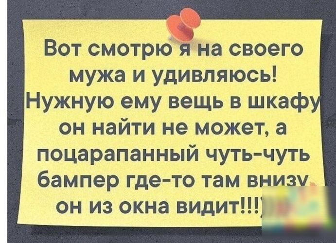Вот смотрю я на своего мужа и удивляюсь Нужную ему вещь в шкаф он найти не может а поцарапанный чутьчуть бампер где то там внизу он из окна види
