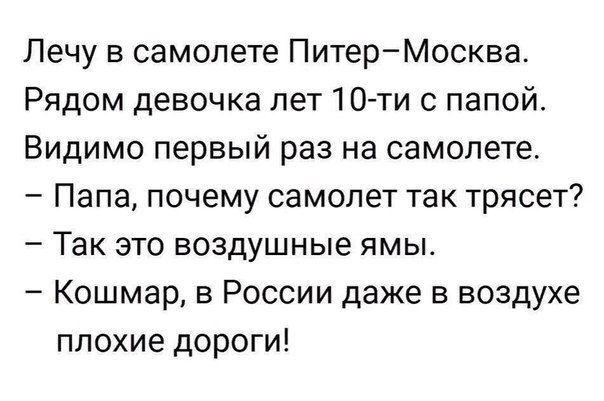 Лечу в самолете ПитерМосква Рядом девочка лет1О ти с папой Видимо первый раз на самолете Папа почему самолет так трясет Так это воздушные ямы Кошмар в России даже в воздухе плохие дороги