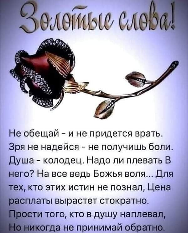 Не обещай и не придется врать Зря не надейся не получишь боли Душа колодец Надо ли плевать В него На все ведь Божья воля Для техкто этих истин не познал Цена расплаты вырастет стократно ости того кто в душу наплевал огда не принимай обрат