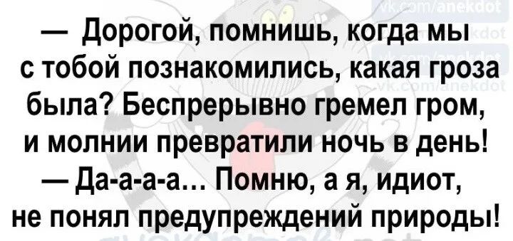 Дорогой помнишь когда мы с тобой познакомились какая гроза была Беспрерывно гремел гром и молнии превратили ночь в день да а а а Помню а я идиот не понял предупреждений природы