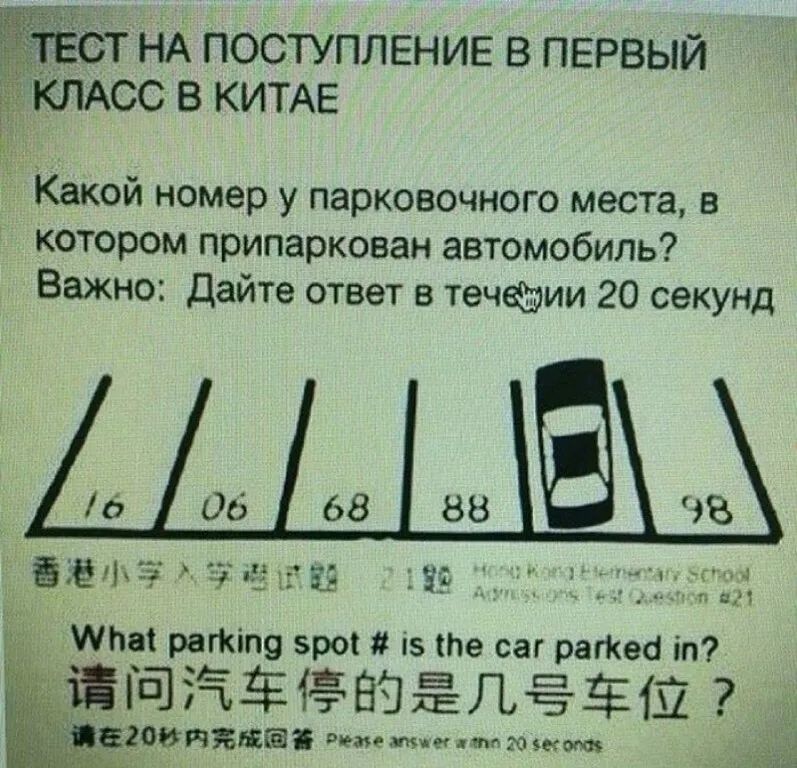 тЁст нА поступление в первый КЛАСС в КИТАЕ д Какой номер у парковочного места в котором припаркован автомобиль Важно Дайте ответ в течфаии 20 секунд и 03 68 88 чз Ёдёжіхіёуі и Л МЬЫ рагКіпу врос 1 ите саг ратео іп ЁъЁіёВЭЁДтЁЕШ Егобйкшёі теме тии то 93