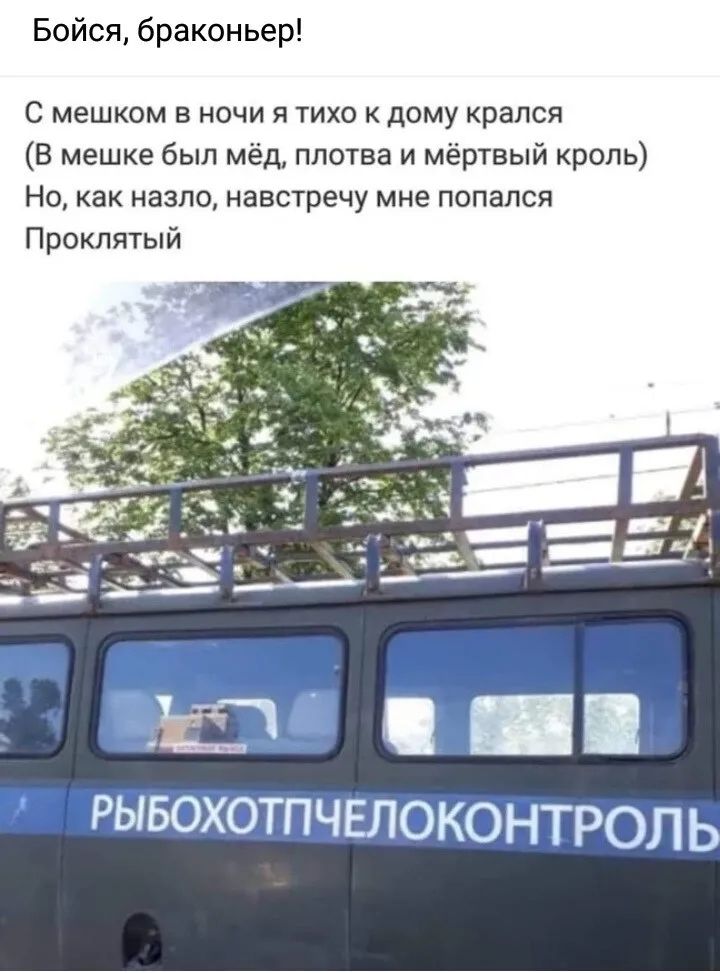 Бойся браконьер С мешком в ночи я тихо к дому крался В мешке был мёд плотва и мёртвый кроль Но как назло навстречу мне попался Проклятый рывохотпчвлоконтроль