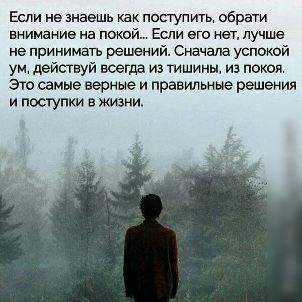 Если не знаешь как поступить обрати внимание на покой Если его нет лучше не принимать решений Сначала успокой ум действуй всегда из тишины из покоя Это самые верные и правильные решения и поступки в жизни