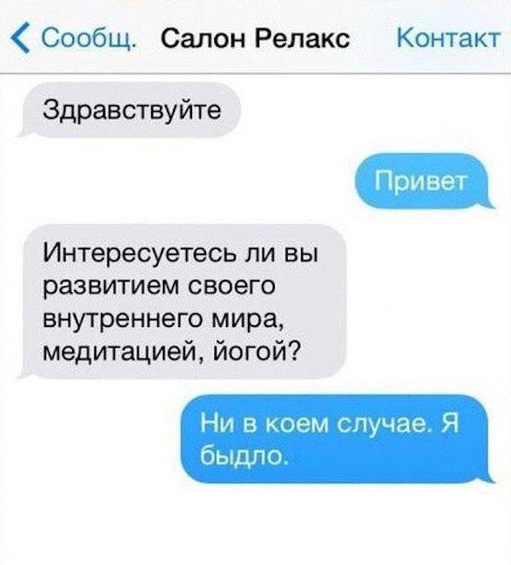 Сообщ Салон Релакс Контакт Здравствуйте Интересуетесь ли вы развитием своего внутреннего мира медитацией йогой Ни в коем случае Я быдло