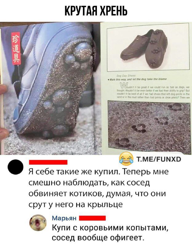 чад _ ТМЕРЦМХВ Я себе такие же купил Теперь мне смешно наблюдать как сосед обвиняет котиков думая что они срут у него на крыльце Марьян _ Купи с коровьими копытами сосед вообще офигеет