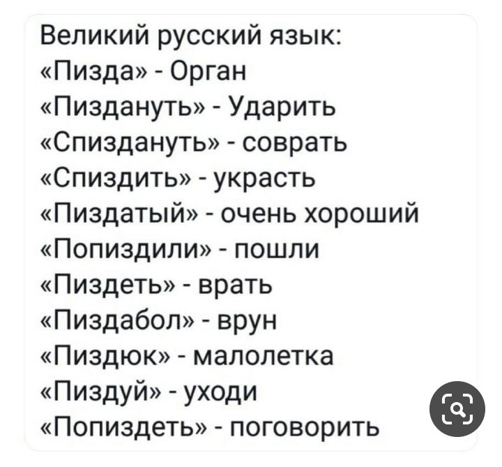 Великий русский язык Пизда Орган Пиздануть Ударить Спиздануть соврать Спиздить украсть Пиздатый очень хороший Попиздили пошли Пиздеть врать Пиздабол врун Пиздюк малолетка Пиздуй уходи Попиздеть поговорить