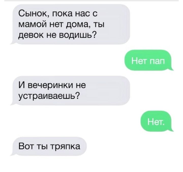 Сынок пока нас с мамой нет дома ты девок не водишь И вечеринки не устраиваешь Вот ты тряпка Нет пап