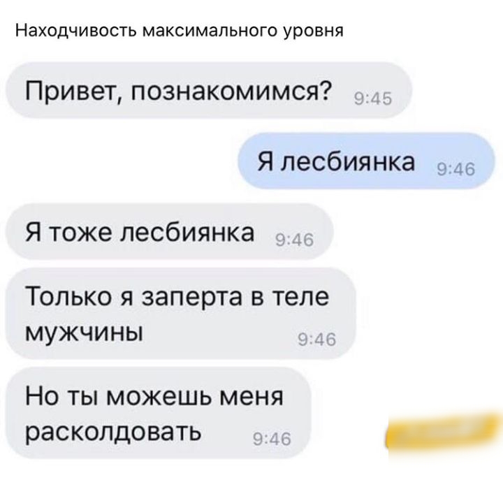 Находч ИВОСТЬ максимального УРОВНЯ Привет познакомимся Я лесбиянка 946 Я тоже лесбиянка Только я заперта в теле мужчины НО ТЫ можешь меня расколдовать 54 _