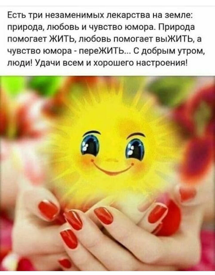 Есть три незаменимых лекарства на земле природа любовь и чувство юмора Природа помогает ЖИТЬ любовь помогает выЖИТЬ а чувство юмора переЖИТЬ С добрым утром пюди Удачи всем и хорошего настроения