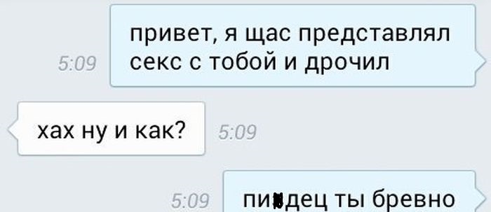 привет я щас представлял секс с тобой и дрочил хах ну и как пипдец ты бревно