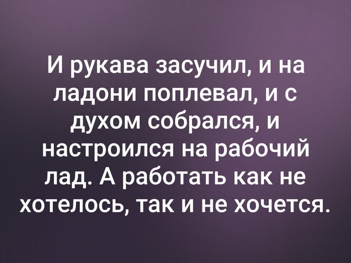 И рукава засучил и на ладони поплевал и с духом собрался и настроился на рабочий лад А работать как не хотелось так и не хочется